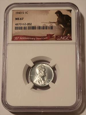 1943 S Lincoln Wheat Steel Cent MS67 NGC 75th Anniversary Label