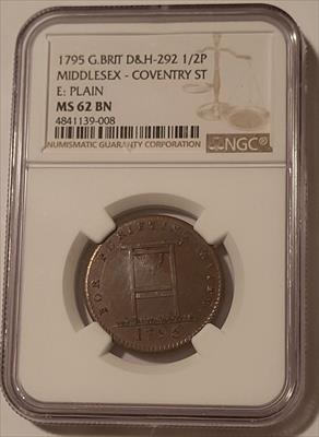 Great Britain 1795 1/2 Penny Conder Token Middlesex - Coventry St D&H-292 MS62 BN NGC