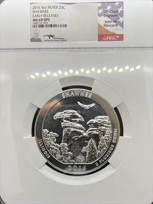 2016 5oz America the Beautiful Shawnee MS69DPL NGC Mercanti Signed