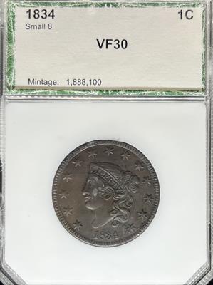 1834 Coronet Head Large Cent VF30 PCI Small 8