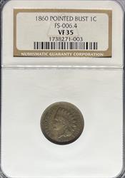1860 Indian Cent VF35 NGC Pointed Bust