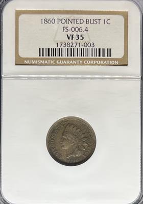 1860 Indian Cent VF35 NGC Pointed Bust