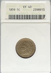1859 Indian Cent EF40 ANACS