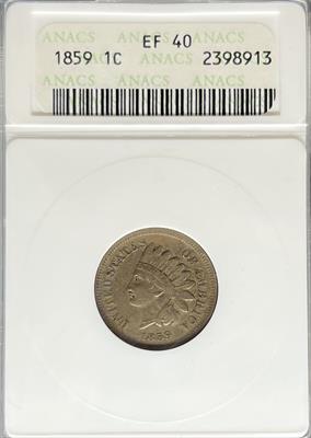 1859 Indian Cent EF40 ANACS