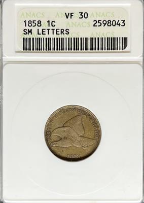 1858 Flyiing Eagle Cent Small Letters VF30 ANACS
