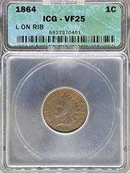1864 Indian Cent L on Ribbon VF35 ICG VF25