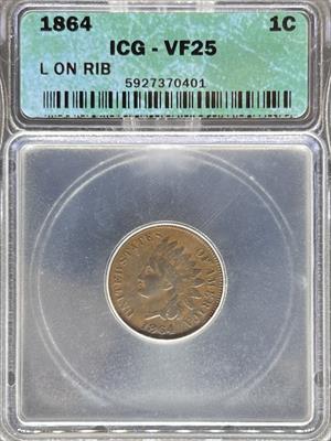 1864 Indian Cent L on Ribbon VF35 ICG VF25