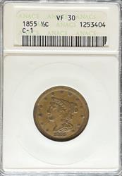 1855 Braided Hair Half Cent VF30 ANACS