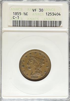 1855 Braided Hair Half Cent VF30 ANACS