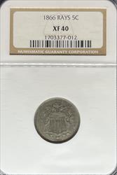 1866 Shield Nickel XF40 NGC Rays