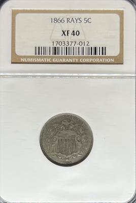 1866 Shield Nickel XF40 NGC Rays
