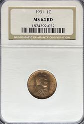 1931 Lincoln Cent MS64RD NGC