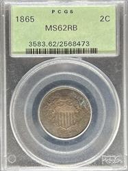 1865 Two Cent MS62RB PCGS OGH