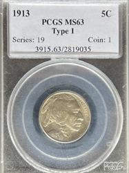 1913 T1 Buffalo Nickel MS63 PCGS