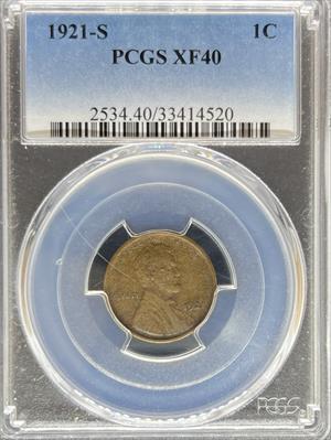 1921-S Lincoln Cent XF40BN PCGS