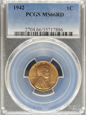 1942 Lincoln Cent MS66RD PCGS