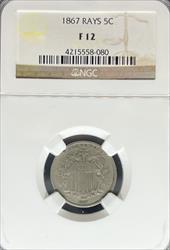 1867 Shield Nickel F12 NGC Rays