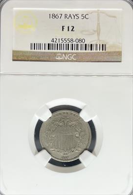 1867 Shield Nickel F12 NGC Rays