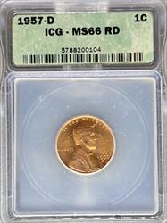 1957-D Lincoln Cent MS66RD ICG