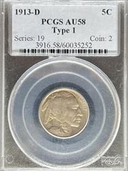1913-D T1 Buffalo Nickel AU58 PCGS