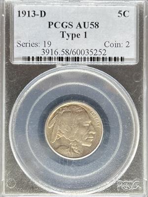 1913-D T1 Buffalo Nickel AU58 PCGS