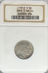 1913-S T1 Buffalo Nickel MS64 NGC
