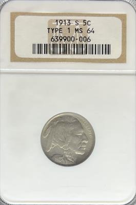 1913-S T1 Buffalo Nickel MS64 NGC