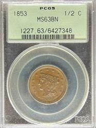 1853 Braided Hair Half Cent MS63BN PCGS OGH