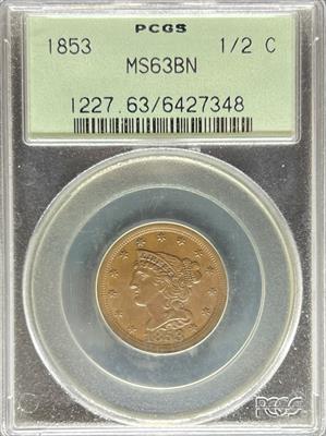 1853 Braided Hair Half Cent MS63BN PCGS OGH