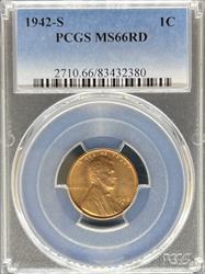 1942-S Lincoln Cent MS66RD PCGS