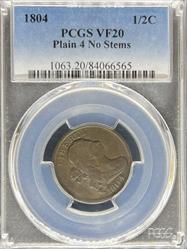 1804 Half Cent VF20 PCGS Plain 4 No Stems