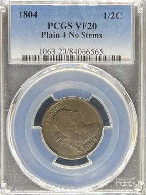 1804 Half Cent VF20 PCGS Plain 4 No Stems