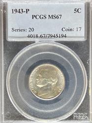 1943 Jefferson Nickel MS67 PCGS OGH