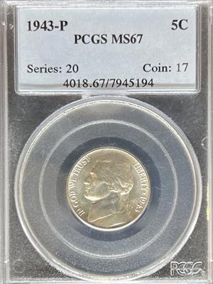 1943 Jefferson Nickel MS67 PCGS OGH