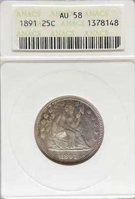 1891 Liberty Seated Quarter AU58 ANACS