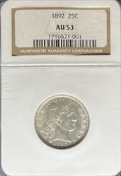 1892-S Barber Quarter AU53 NGC