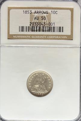1853 Liberty Seated Dime AU58 NGC Arrows