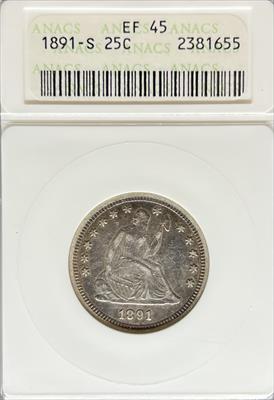 1891-S Liberty Seated Quarter EF45 ANACS