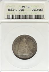 1853-O Liberty Seated Quarter VF30 ANACS