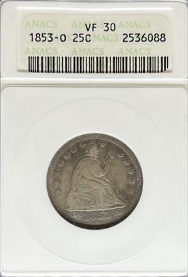 1853-O Liberty Seated Quarter VF30 ANACS