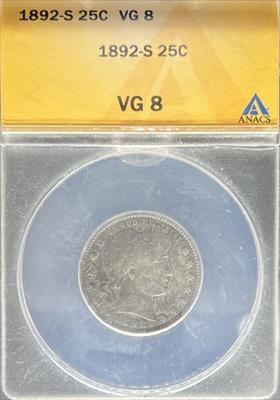 1892-S Barber Quarter VG8 ANACS