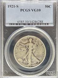 1921-S Walking Liberty Half Dollar VG10 PCGS
