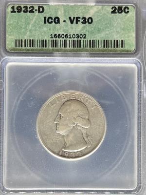 1932-D Washington Quarter VF30 ICG
