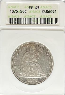 1875 Liberty Seated Half Dollar EF45 ANACS