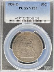 1859-O Liberty Seated Half Dollar VF25 PCGS