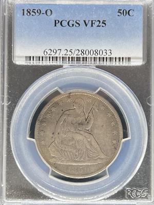 1859-O Liberty Seated Half Dollar VF25 PCGS