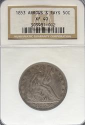 1853 Liberty Seated Half Dollar XF40 NGC Arrow & Rays