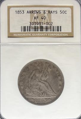 1853 Liberty Seated Half Dollar XF40 NGC Arrow & Rays