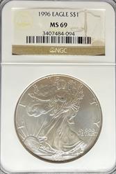 1996 Silver Eagle MS69 NGC