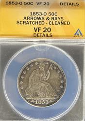 1853-O Liberty Seated Half Dollar VF Details ANACS Arrows